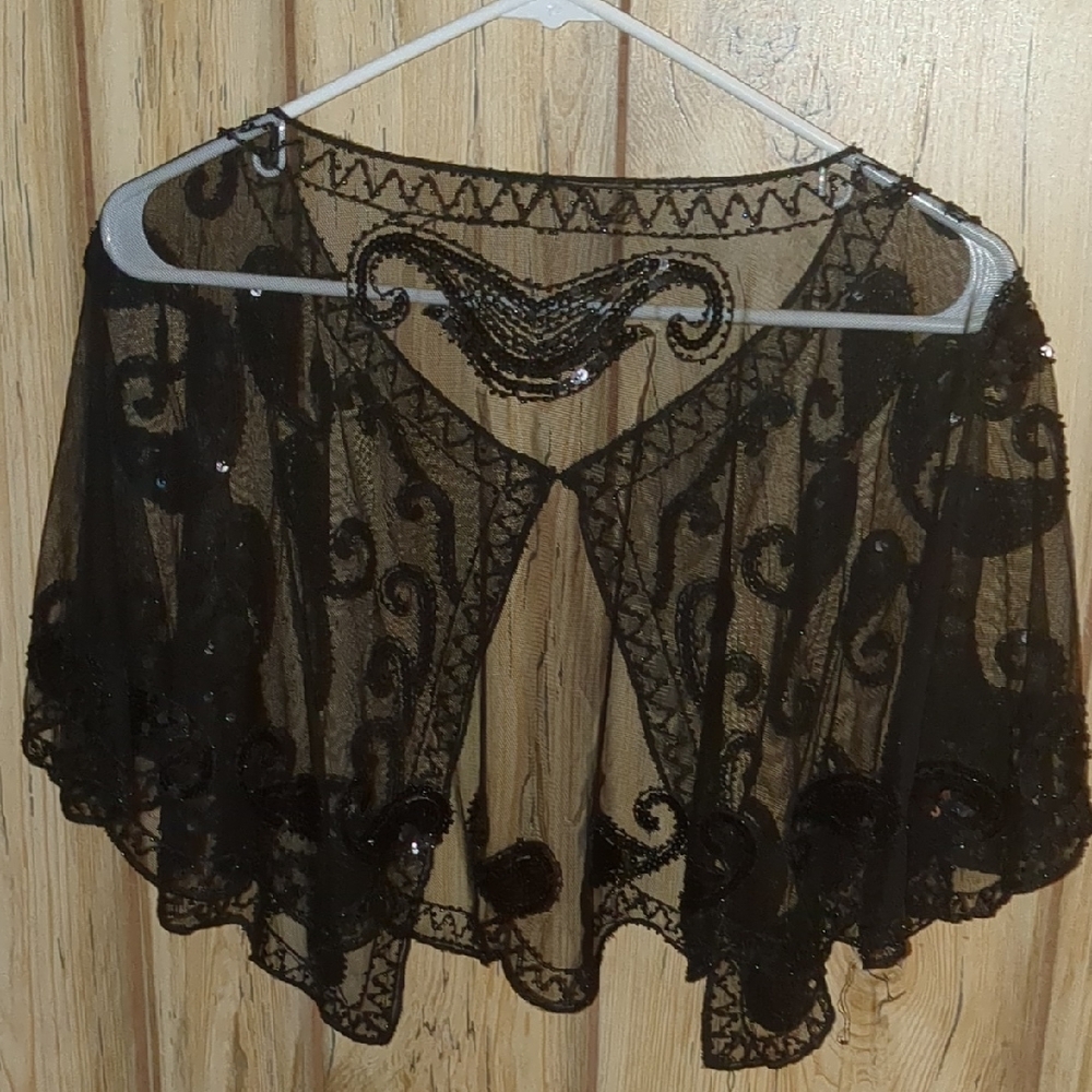 Black Sheer Embroidered Capelet
